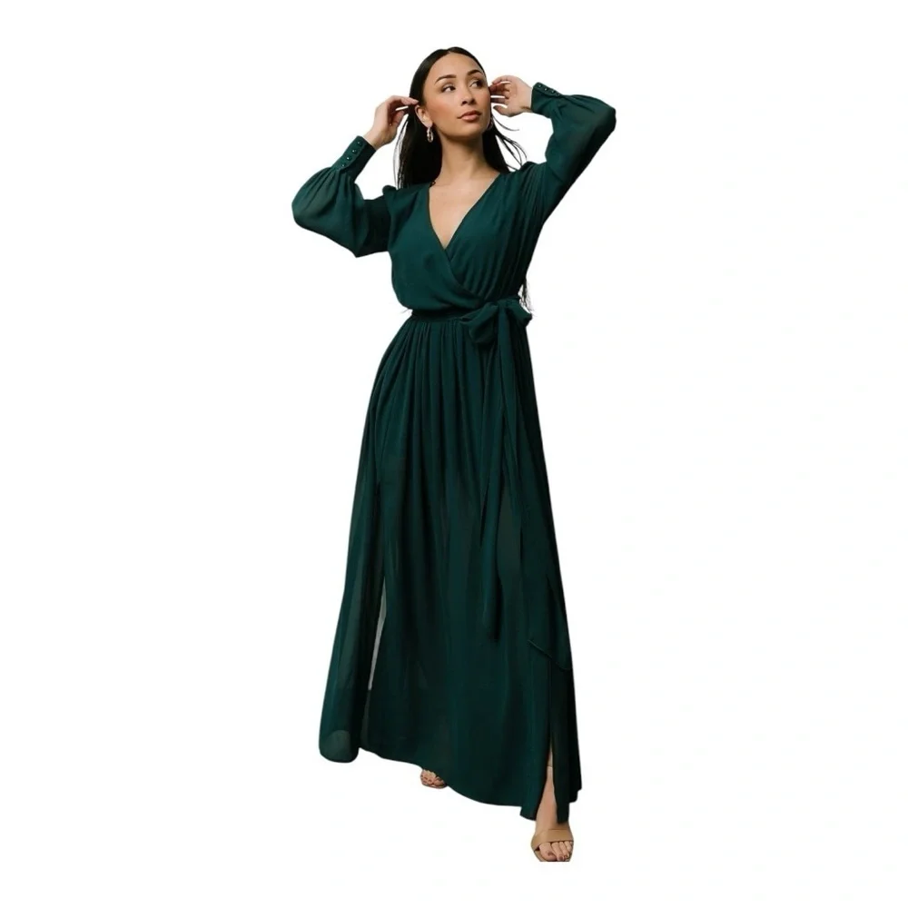 BALTIC BORN Celine Maxi Dress Hunter Green Size S Wedding Party Wrap Flowy Slits - Picture 9 of 15